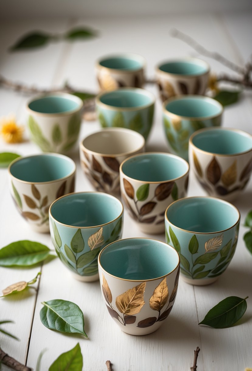 A collection of ceramic cups painted with various leaf patterns arranged on a wooden surface with natural elements around them.