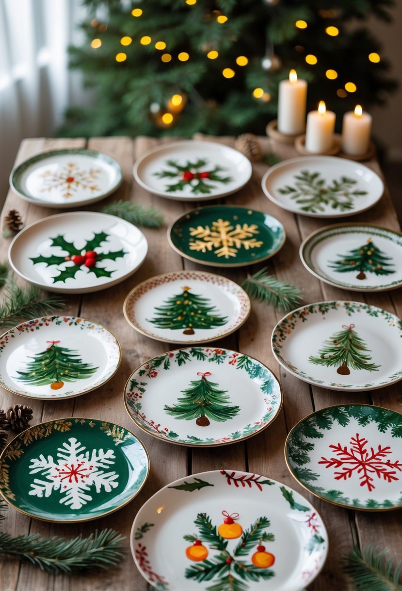 A collection of 15 hand-painted ceramic plates with holiday-themed designs arranged on a wooden table surrounded by festive decorations.