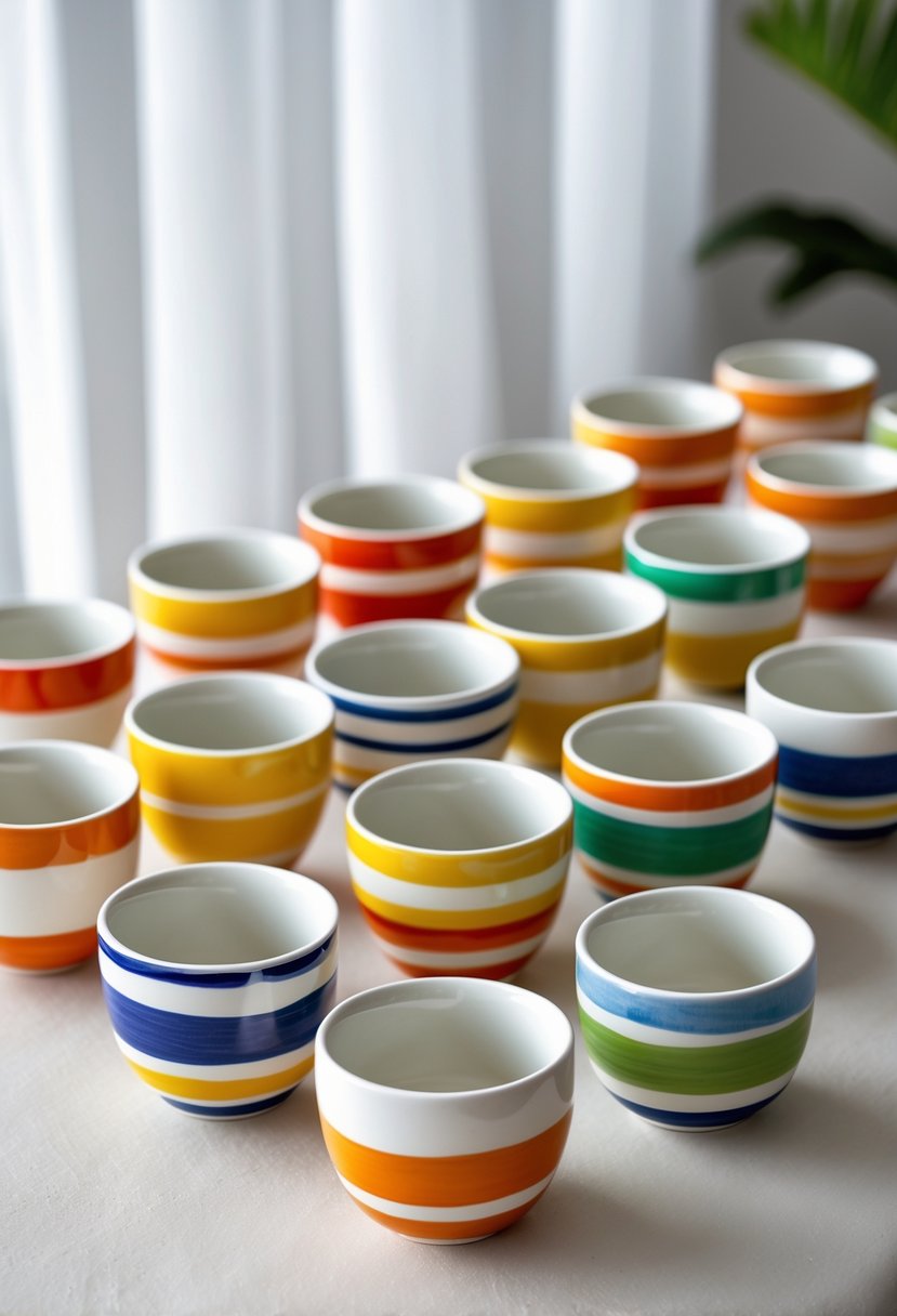 A collection of colorful ceramic cups with bright striped patterns arranged on a light surface.
