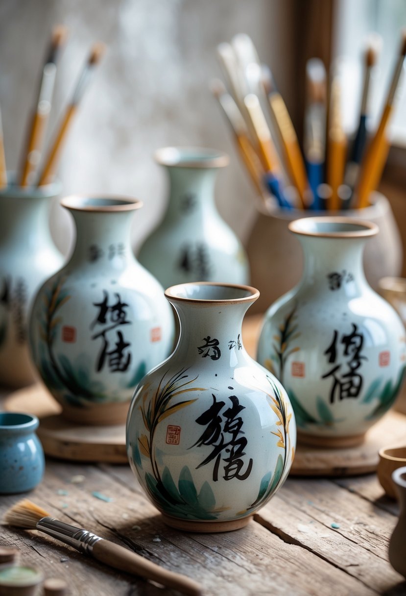 A collection of hand-painted ceramic vases with calligraphy designs displayed on a wooden table with painting tools nearby.
