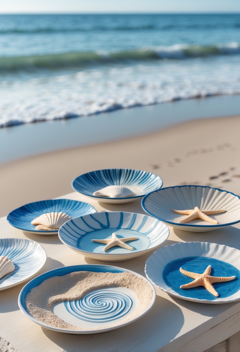 Ceramic plates with beach and ocean-inspired designs arranged near the shore with ocean waves and clear sky in the background.
