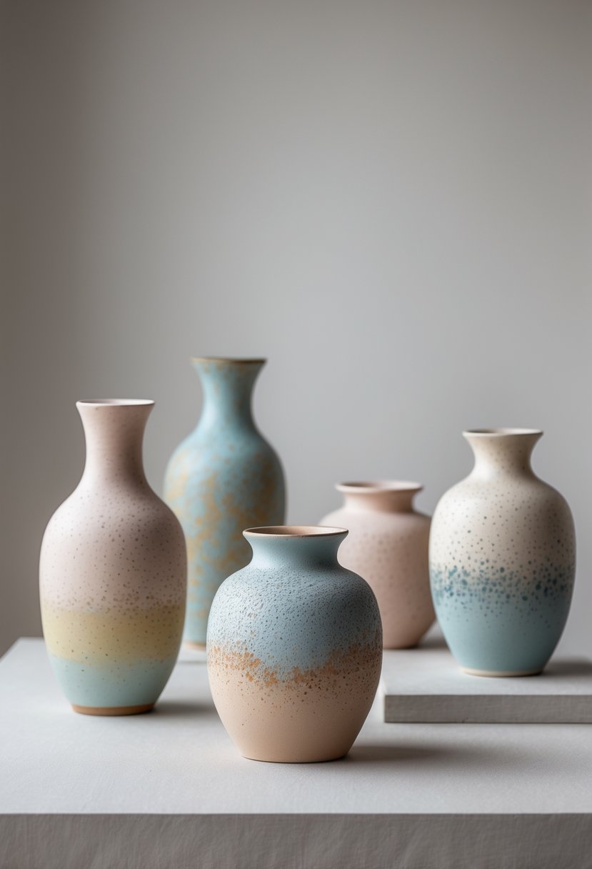 A group of ceramic vases with speckled paint patterns arranged on a plain surface.