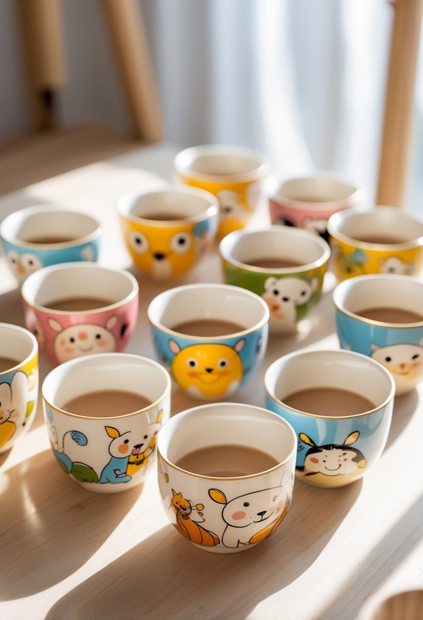 A collection of 15 colorful ceramic cups painted with various cute cartoon characters arranged on a wooden table.