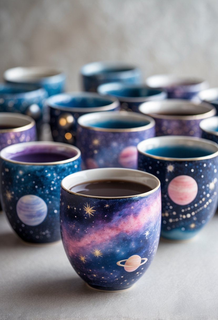 A collection of ceramic cups painted with colorful galaxy and cosmic designs arranged on a clean surface.