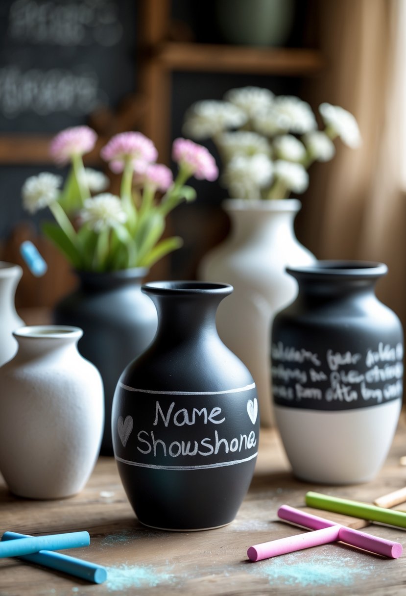 A group of ceramic vases painted with chalkboard paint arranged on a wooden table with colorful chalk sticks nearby.
