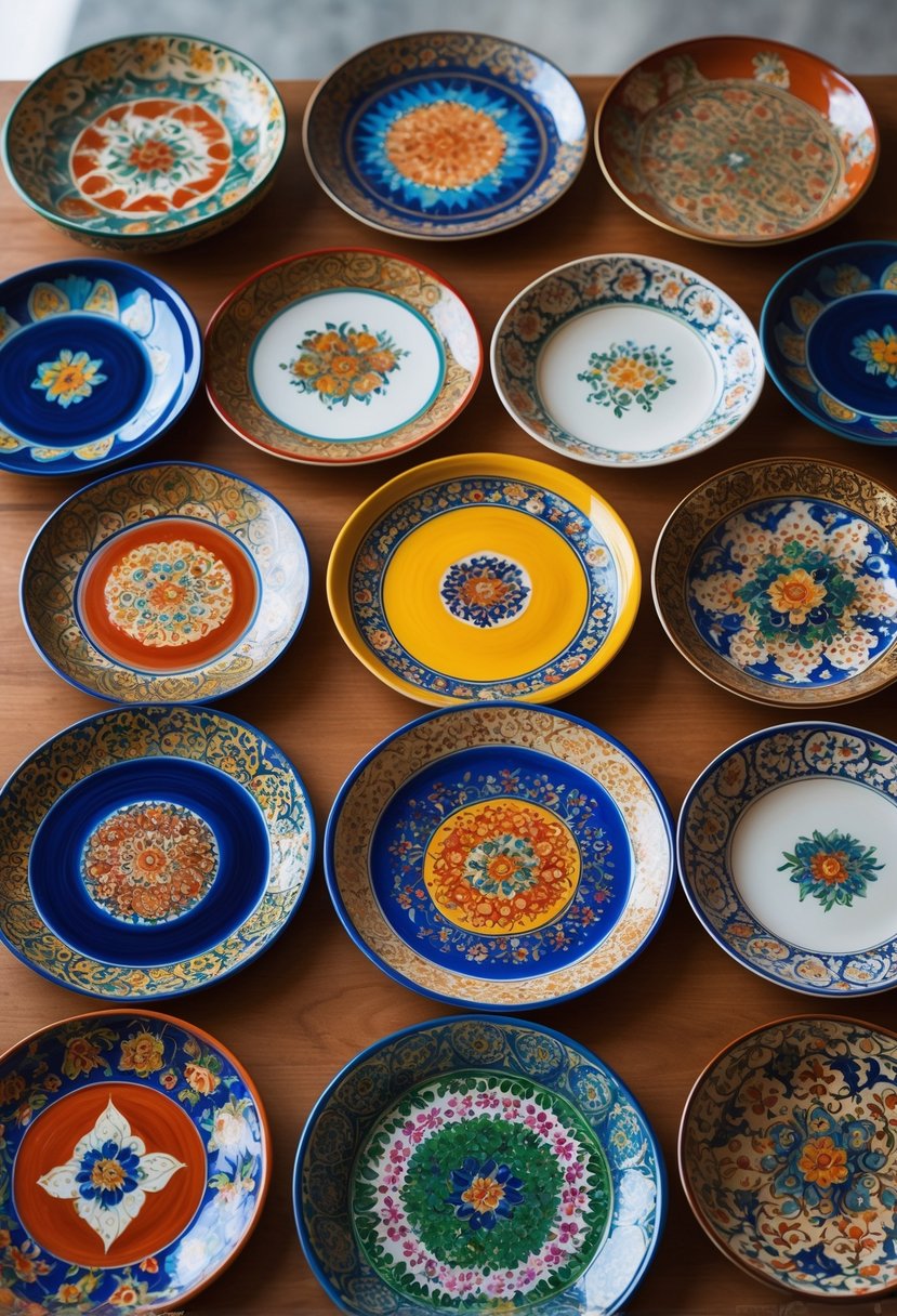 A collection of colorful hand-painted ceramic plates with intricate traditional Indian patterns arranged on a wooden surface.