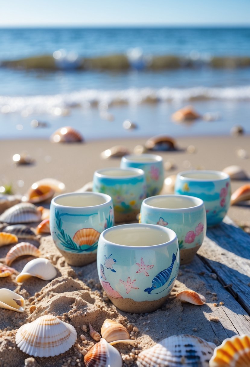 A beach scene with waves, scattered seashells, and hand-painted ceramic cups arranged on sand and wood near the shore.