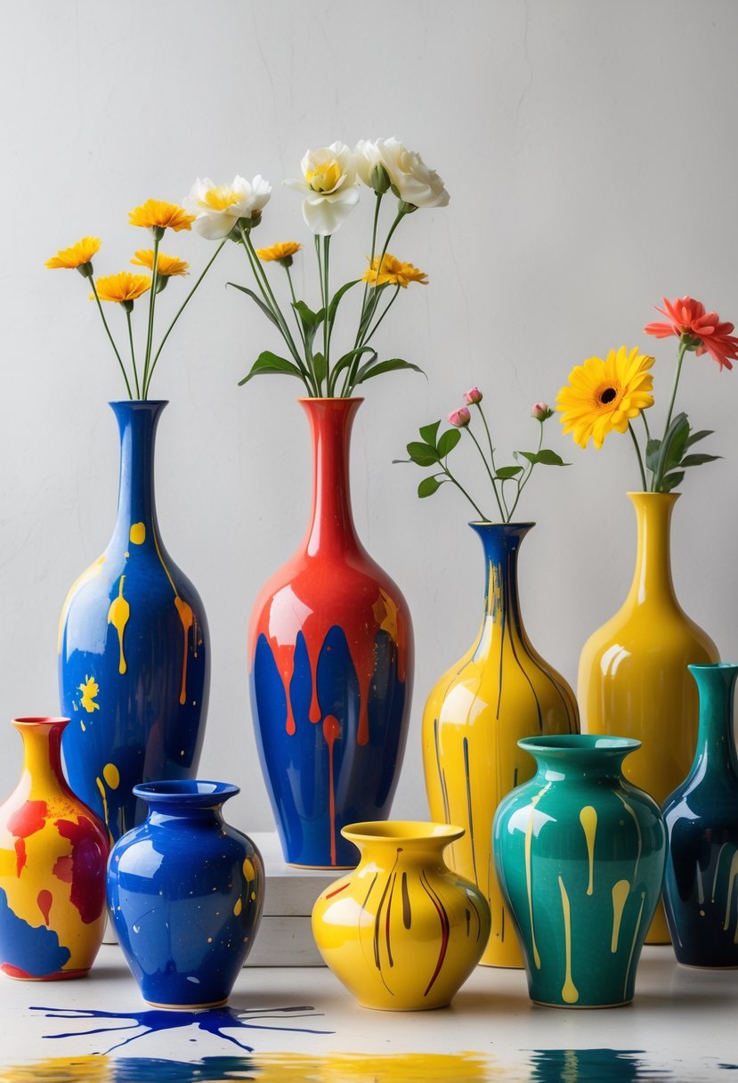 A group of colorful ceramic vases with bright paint splashes arranged on a plain surface.