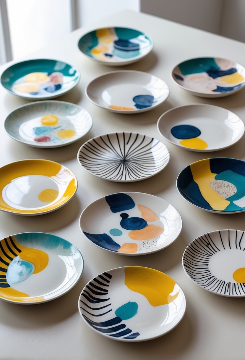 A collection of fifteen colorful, hand-painted ceramic plates arranged on a light surface.