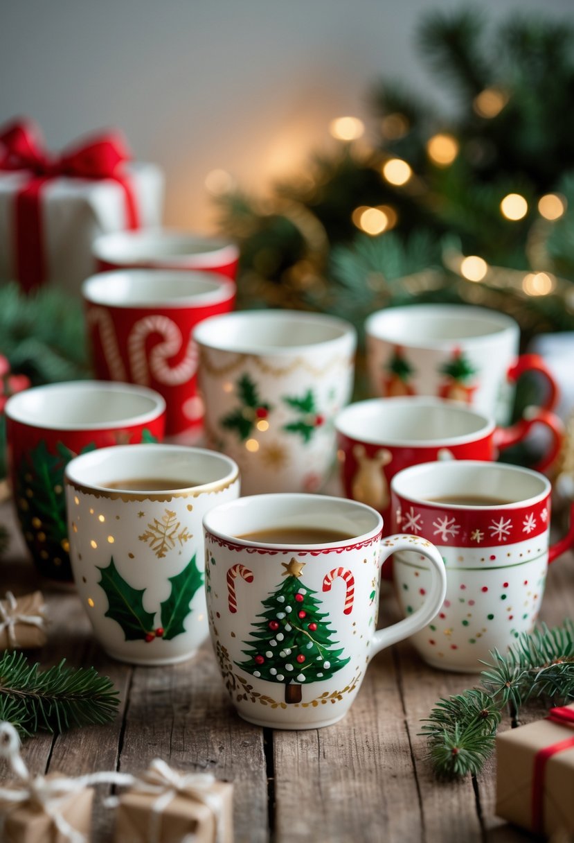 A collection of 15 ceramic cups with colorful holiday-themed paintings arranged on a wooden table surrounded by festive decorations.