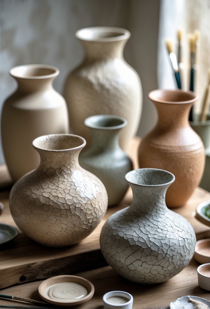 A collection of ceramic vases with crackled finishes displayed on a wooden surface with painting tools nearby.