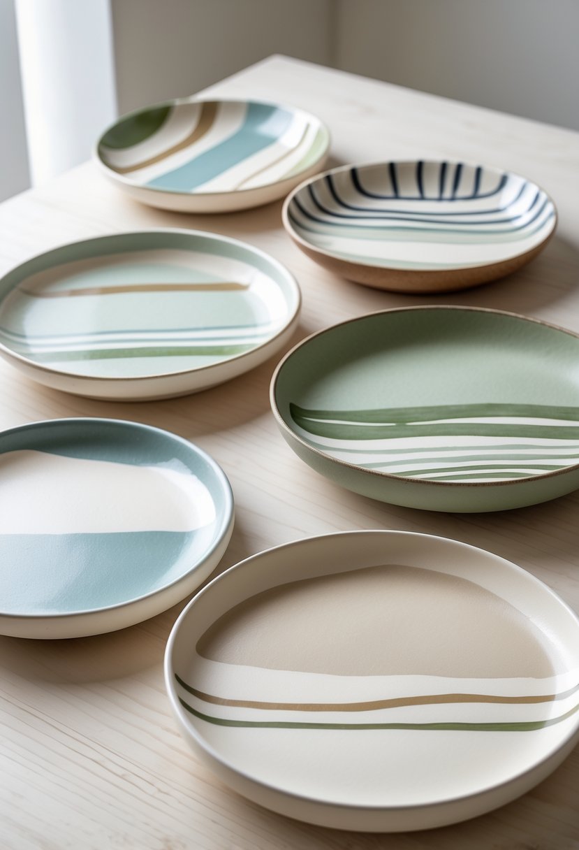 A collection of ceramic plates with simple stripe and dash patterns arranged on a wooden surface.