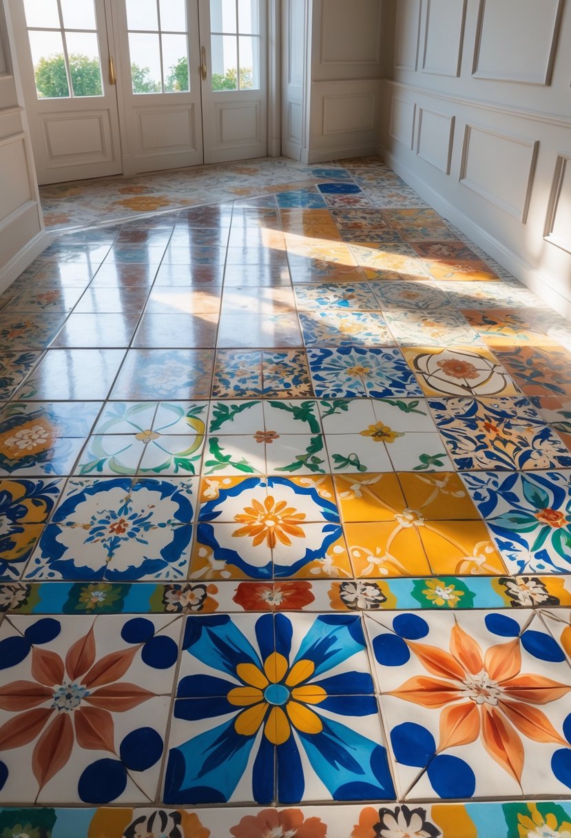 A spacious room with a floor covered in various colorful and patterned ceramic tiles arranged in different painted designs.