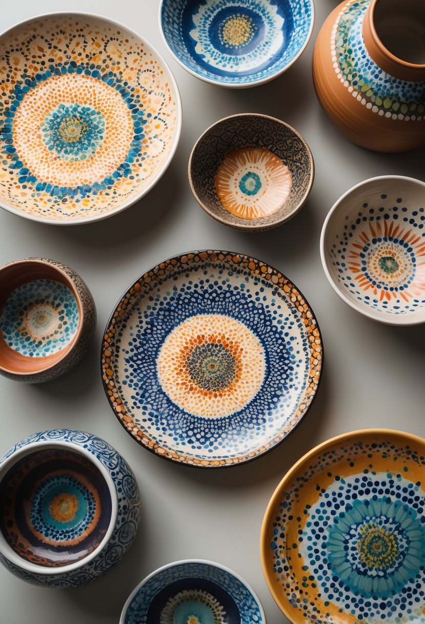 A collection of ceramic pottery pieces decorated with detailed mandala dot patterns arranged on a neutral surface.