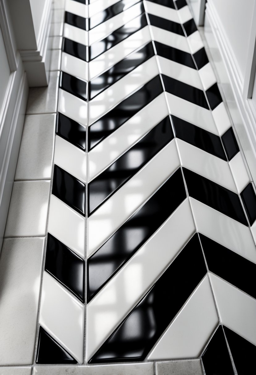 A clean ceramic tile floor with a black and white chevron pattern in a modern interior space.