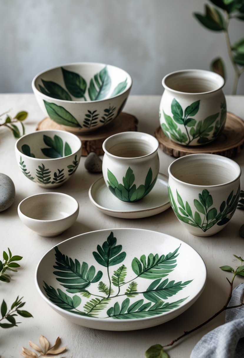 A collection of ceramic pottery pieces decorated with leaf designs arranged on a wooden surface with natural elements around them.