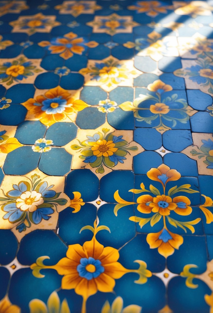 Close-up view of a ceramic tile floor with colorful floral patterns.