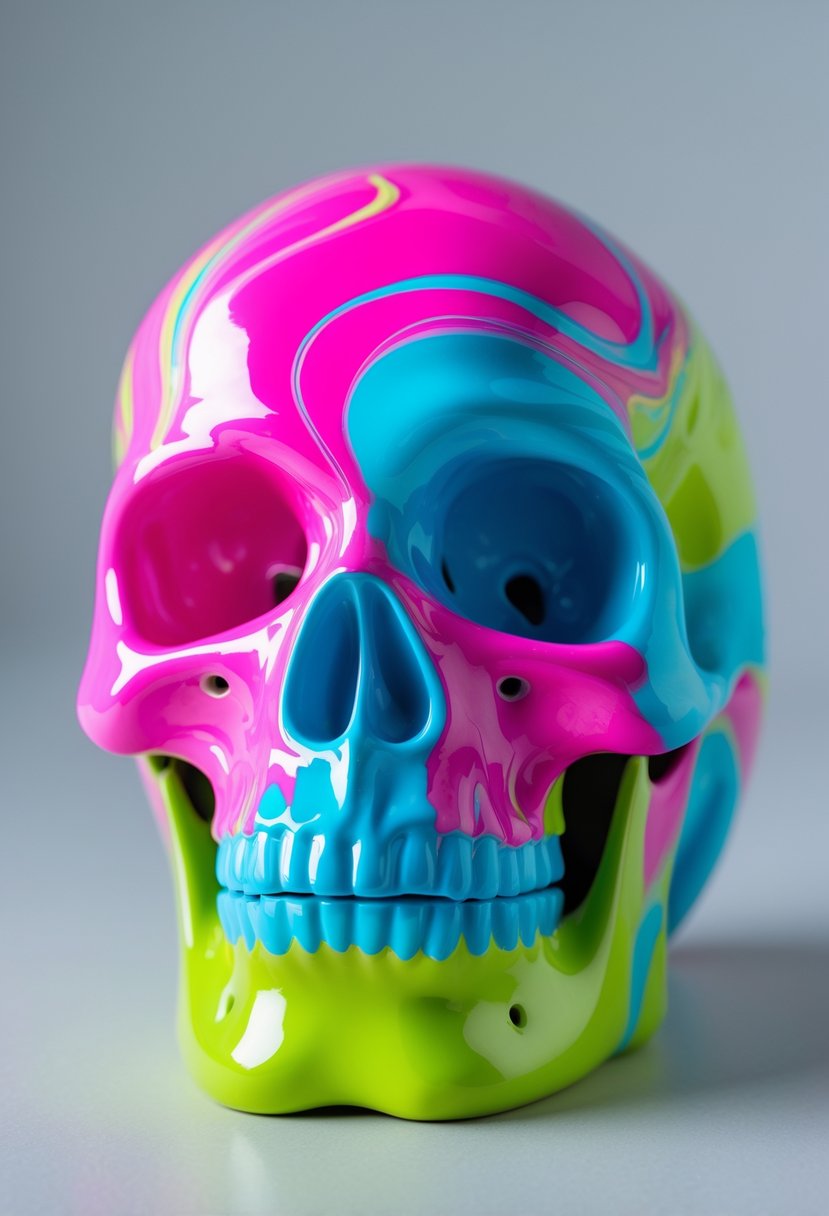 A brightly painted ceramic skull with swirling neon colors on a plain background.