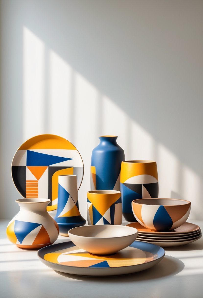 A collection of colorful ceramic pottery with geometric painted designs arranged on a neutral surface.