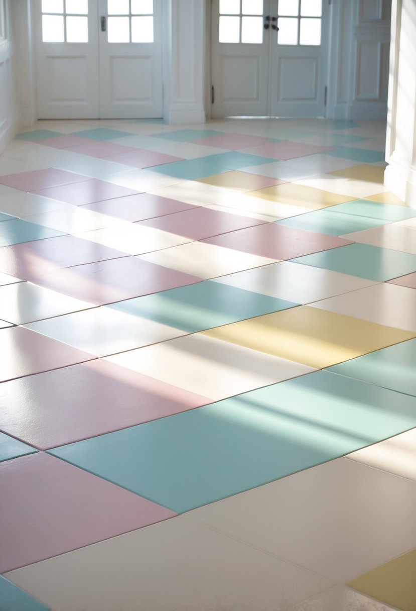 Close-up view of a clean ceramic tile floor with a checkerboard pattern in soft pastel colors.