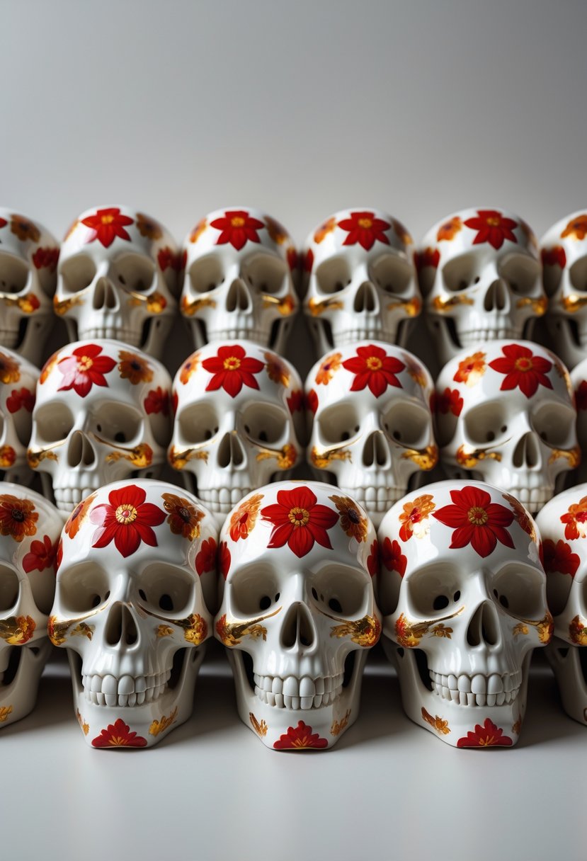 A group of ceramic skulls painted with red and gold floral patterns arranged on a plain surface.