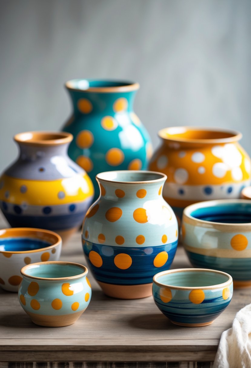 A collection of hand-painted ceramic pots and bowls with colorful polka dot patterns arranged on a wooden surface.