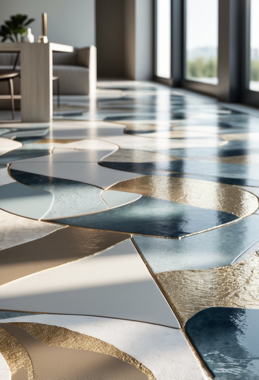 A bright modern room with a floor covered in patterned ceramic tiles featuring abstract designs and metallic accents.