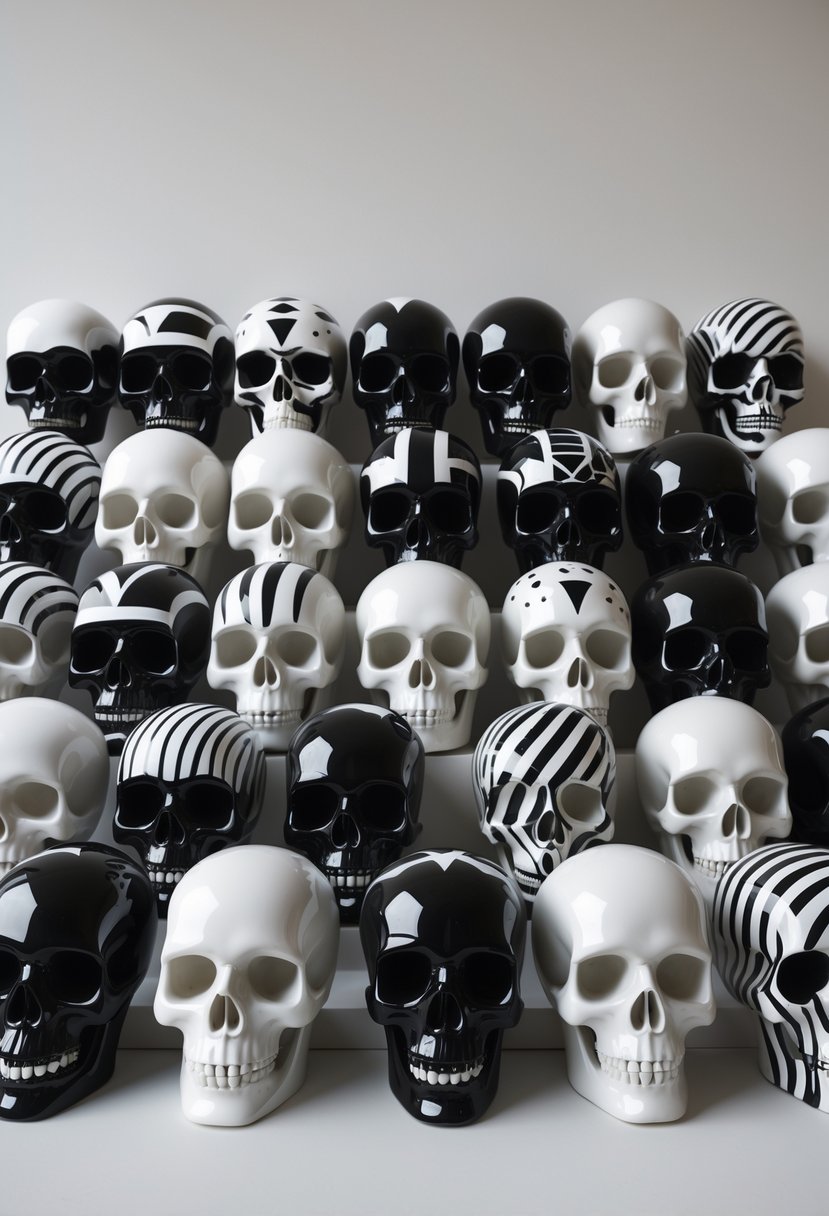 A collection of 15 ceramic skull sculptures painted with black and white geometric patterns arranged on a neutral background.