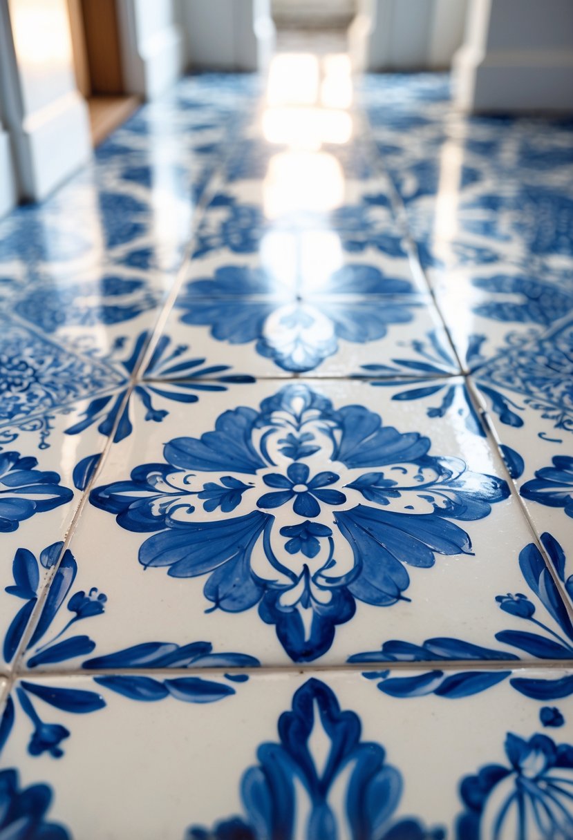 Close-up view of a floor covered with blue and white patterned ceramic tiles.
