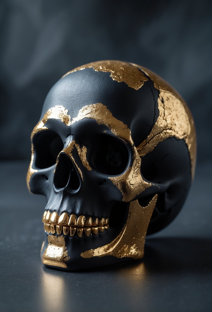Close-up of a ceramic skull painted with gold leaf highlights on a black base.