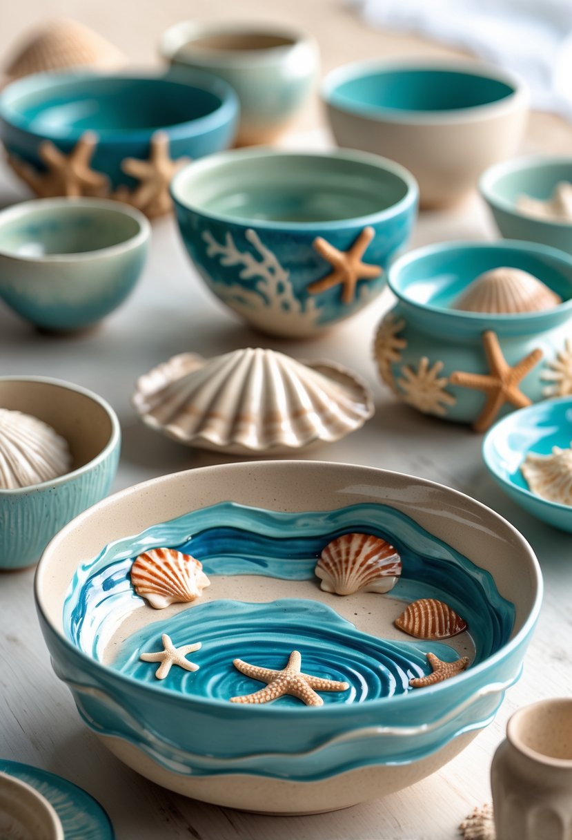 A collection of colorful ceramic pottery pieces decorated with ocean and beach motifs arranged on a wooden surface.
