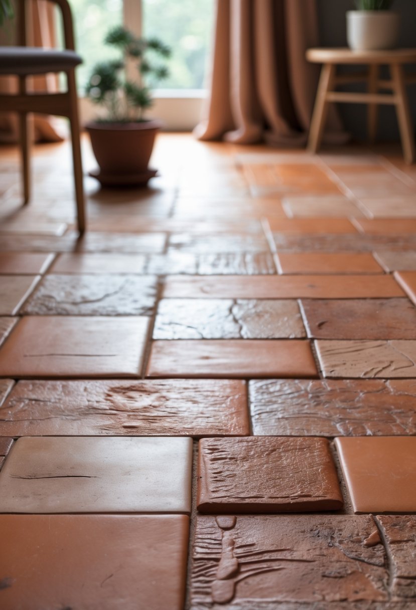 Close-up view of a floor with painted ceramic tiles in warm earthy tones and patterned designs, with a wooden chair and a small plant pot nearby.