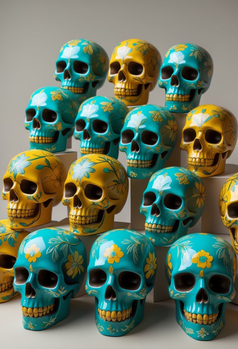 A group of ceramic skulls painted with bright teal and mustard botanical patterns arranged on a neutral background.