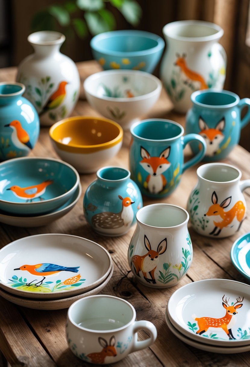 A collection of ceramic pottery pieces painted with colorful animal illustrations arranged on a wooden table.