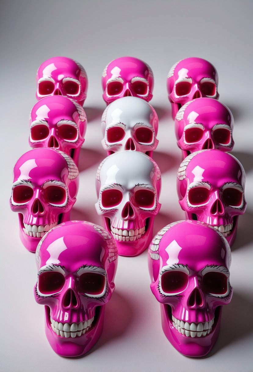A group of brightly painted ceramic skulls in pink and white arranged together on a plain background.