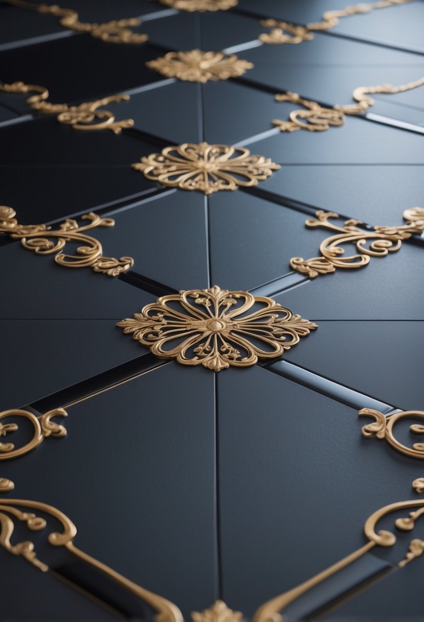Close-up of a floor with black tiles featuring gold decorative patterns.