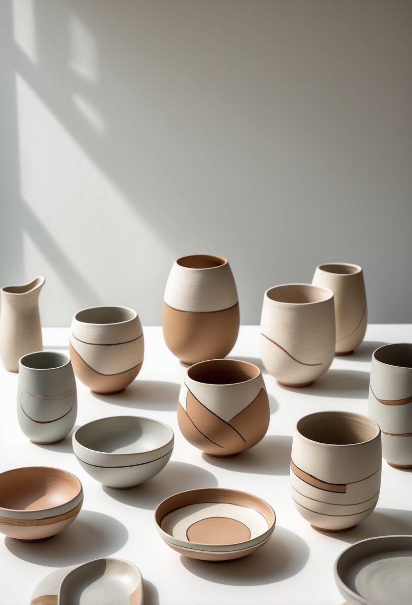 A collection of various ceramic pottery pieces with painted designs arranged on a white surface.