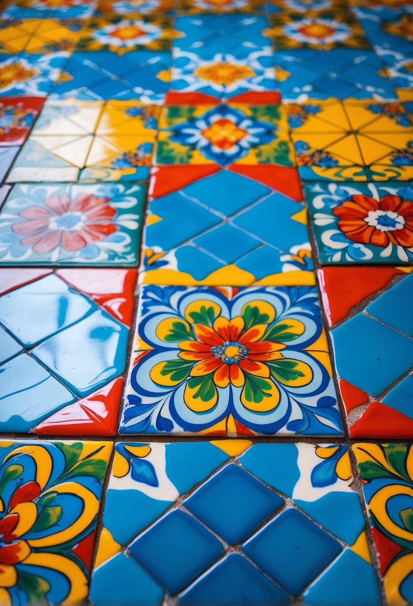 Close-up view of a floor with colorful ceramic tiles arranged in a decorative pattern.