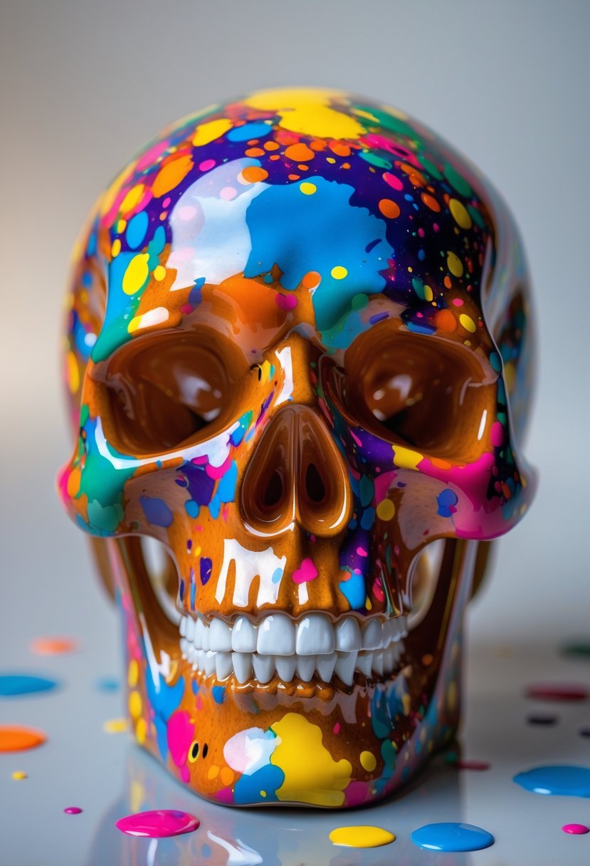 A glossy ceramic skull covered in bright multicolor paint splatters on a neutral background.