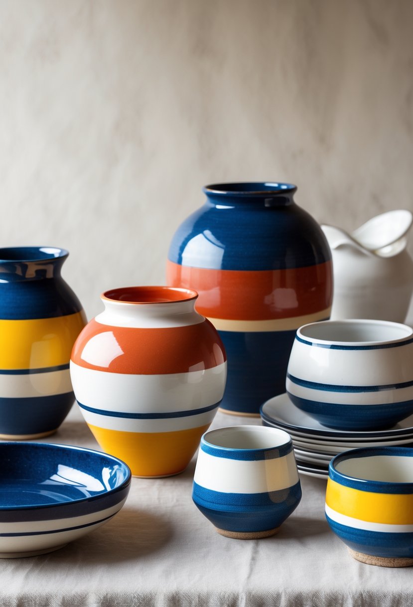 A collection of colorful ceramic pottery pieces with striped and banded patterns arranged on a neutral surface.