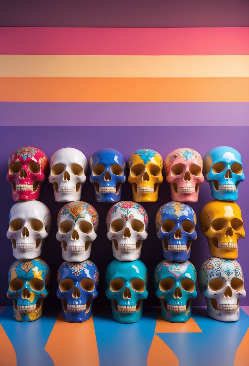 A group of colorful ceramic skulls displayed together against a vibrant sunset-colored background.