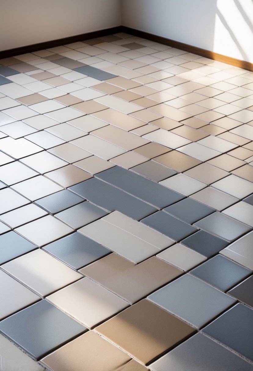 A ceramic tile floor with a smooth gradient from light to dark shades, shown from a slightly elevated angle.