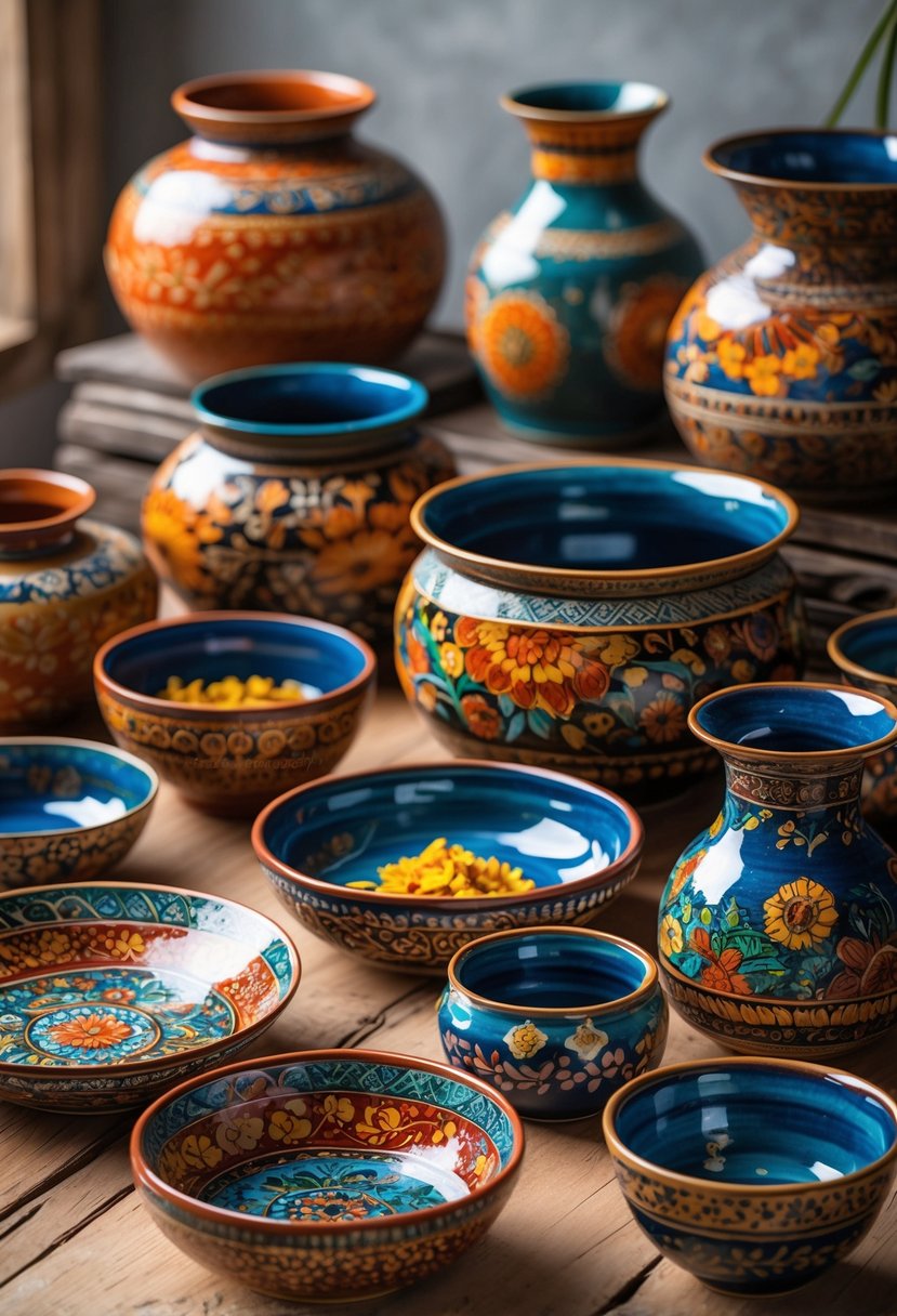 A collection of colorful ceramic pottery pieces with intricate patterns arranged on a wooden surface.