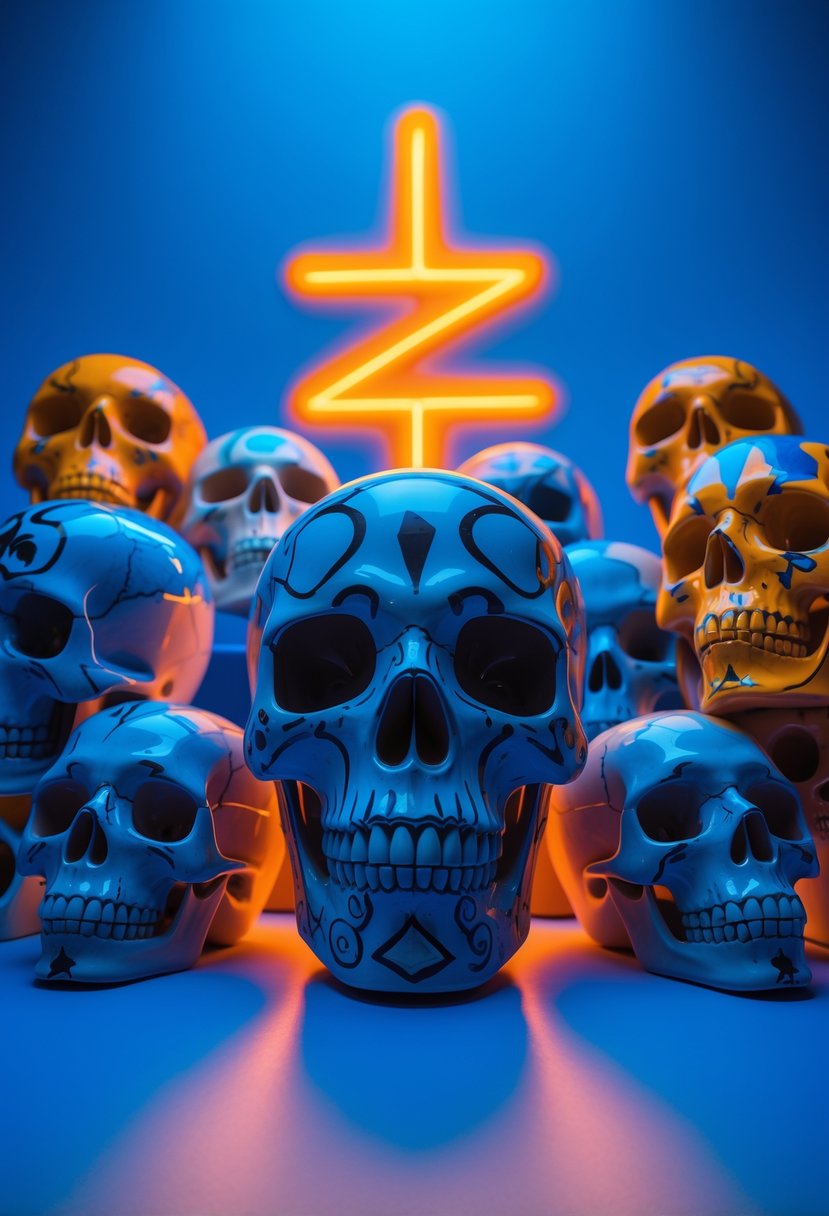 A collection of colorful ceramic skulls displayed against a bright blue background with glowing orange symbols.