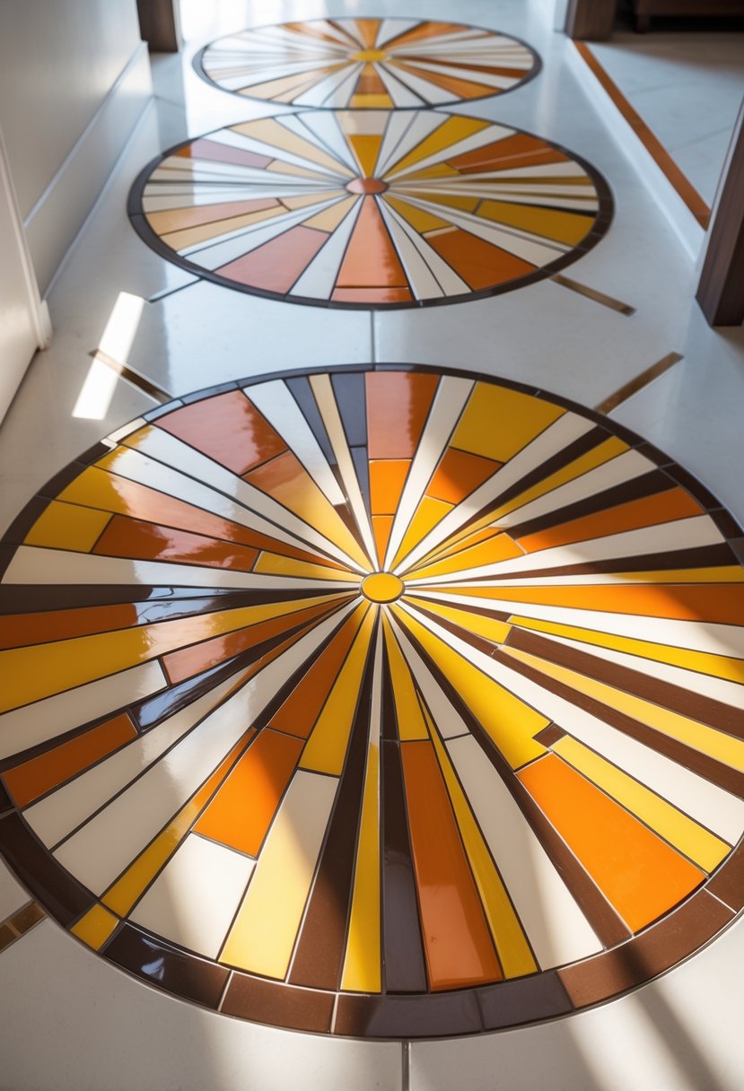 A close-up view of a colorful ceramic tile floor with sunburst patterns in a clean indoor space.