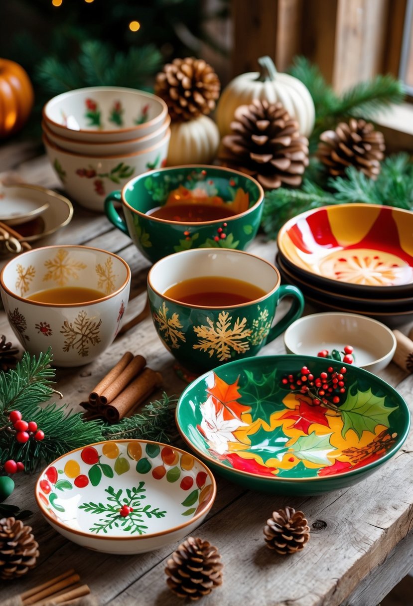 A collection of hand-painted ceramic pottery with seasonal holiday designs arranged on a wooden table with natural decorations.