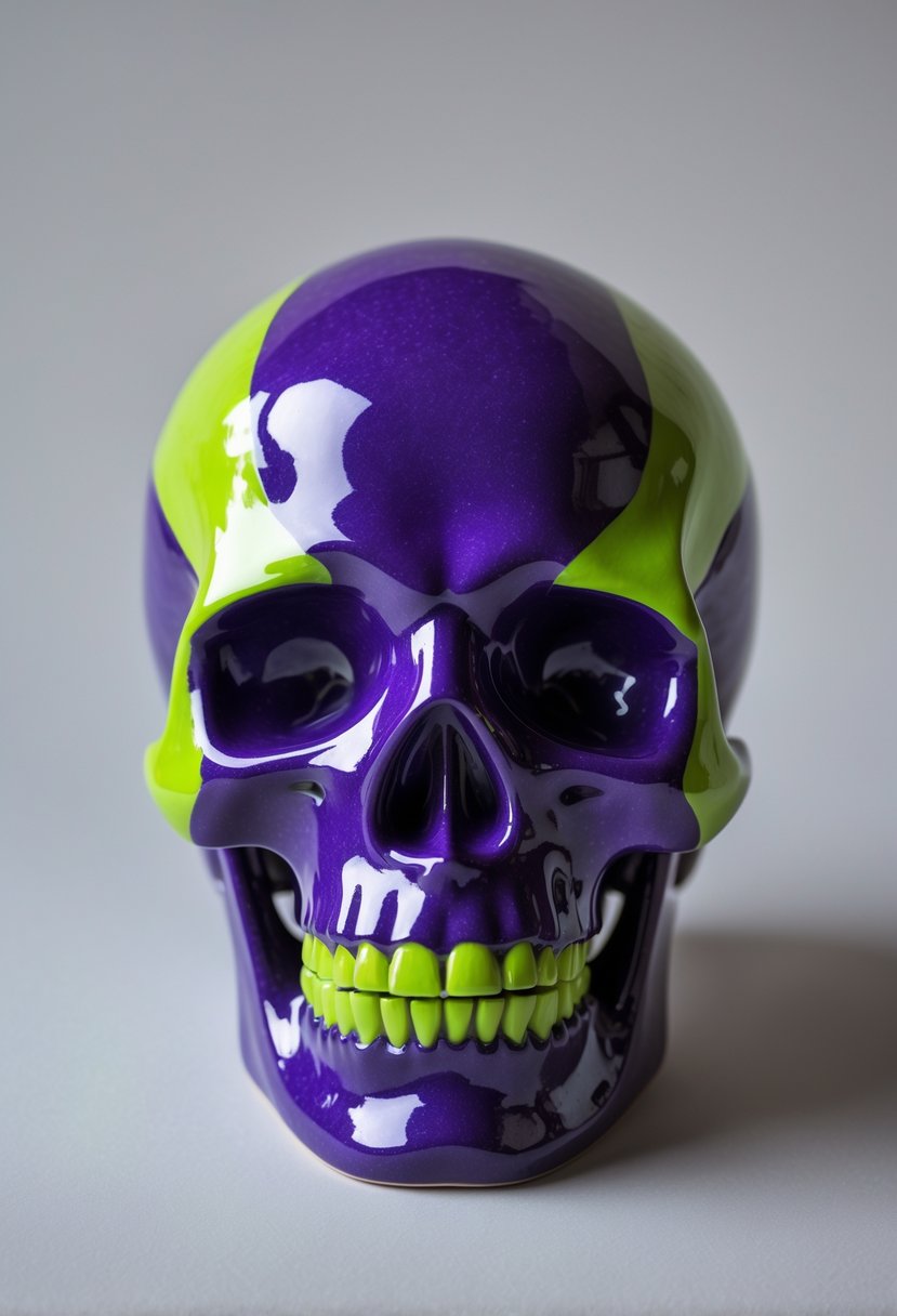 A ceramic skull painted in deep purple with bright lime green highlights on a plain background.