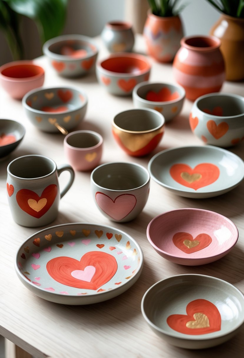 A collection of ceramic pottery pieces decorated with various heart designs arranged on a wooden surface.