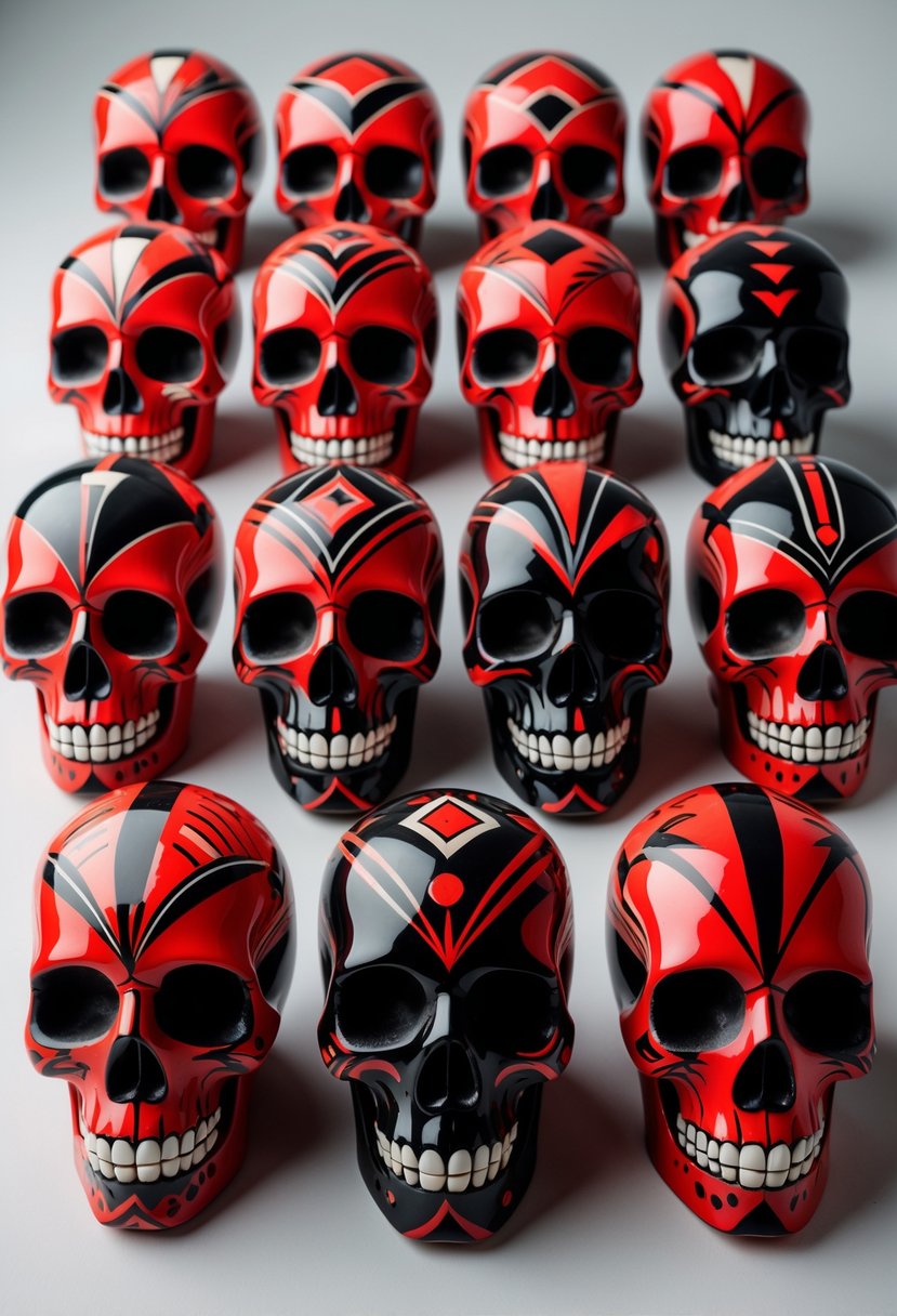 A group of 15 ceramic skulls painted with bold red and black tribal patterns arranged on a plain surface.