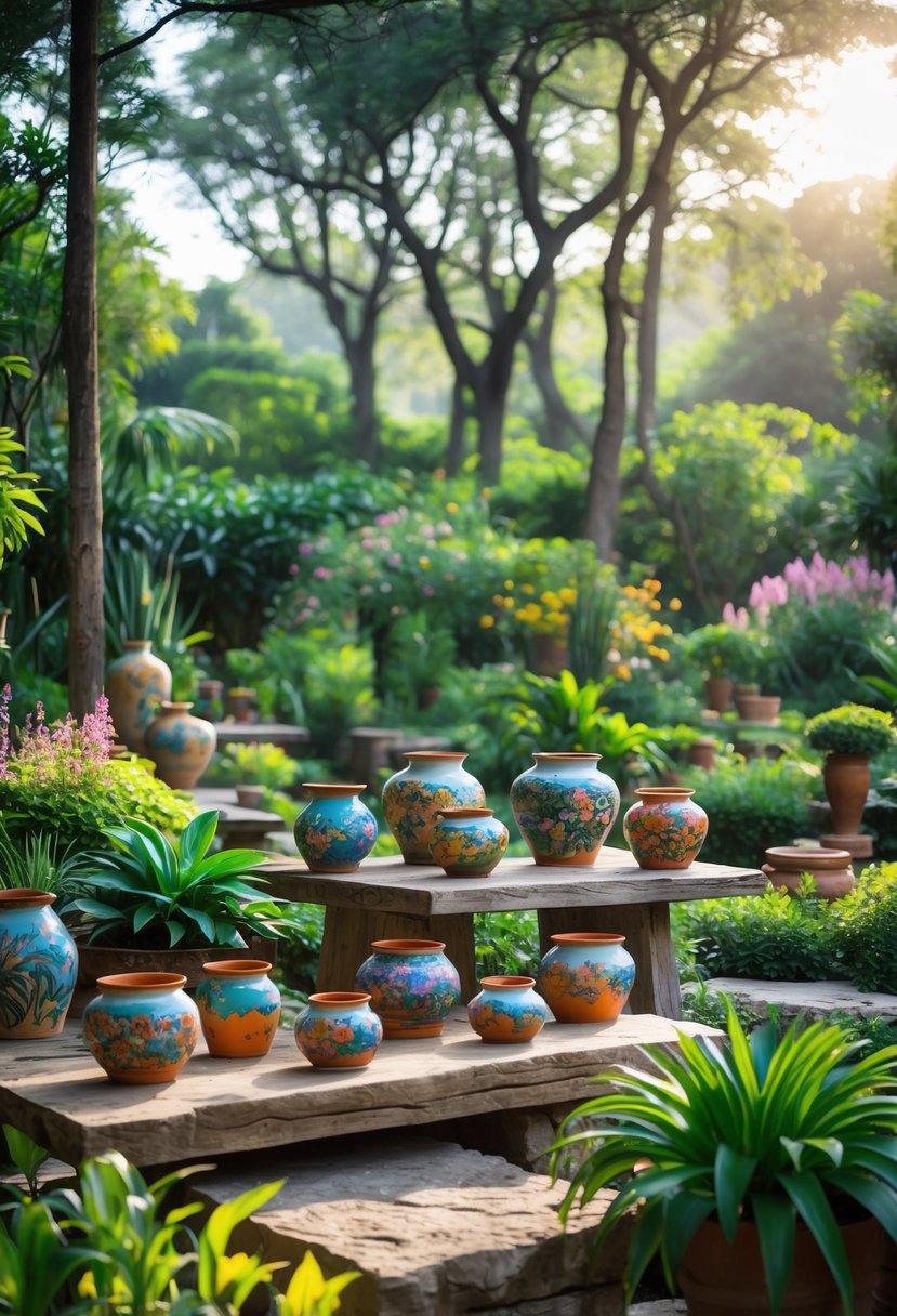A variety of colorful hand-painted ceramic pots displayed outdoors among green plants and flowers in a lush garden setting.